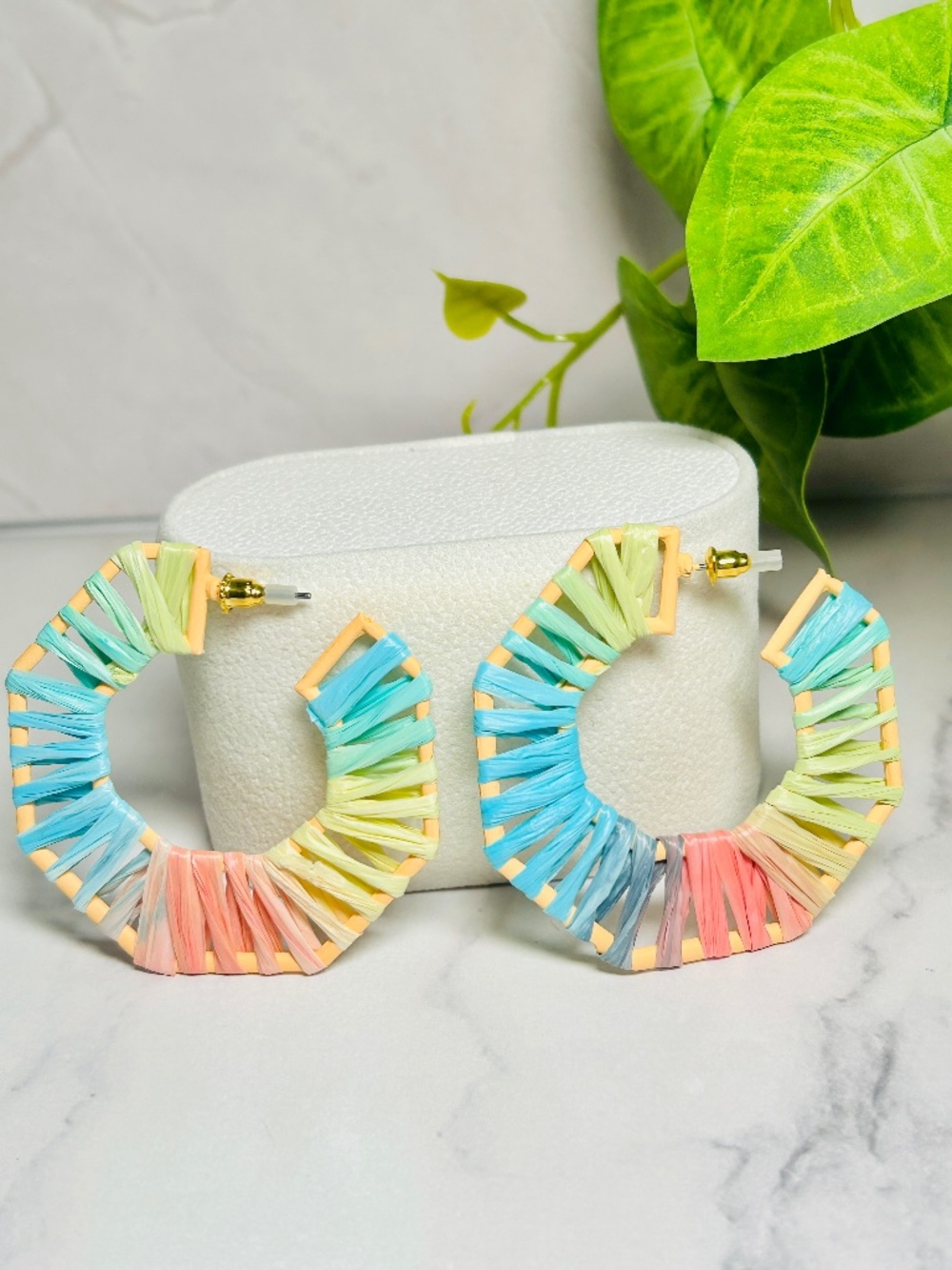 ZAD Jewelry Pastel Raffia Hoop Earrings, Multi-Colored Striped String Art Design